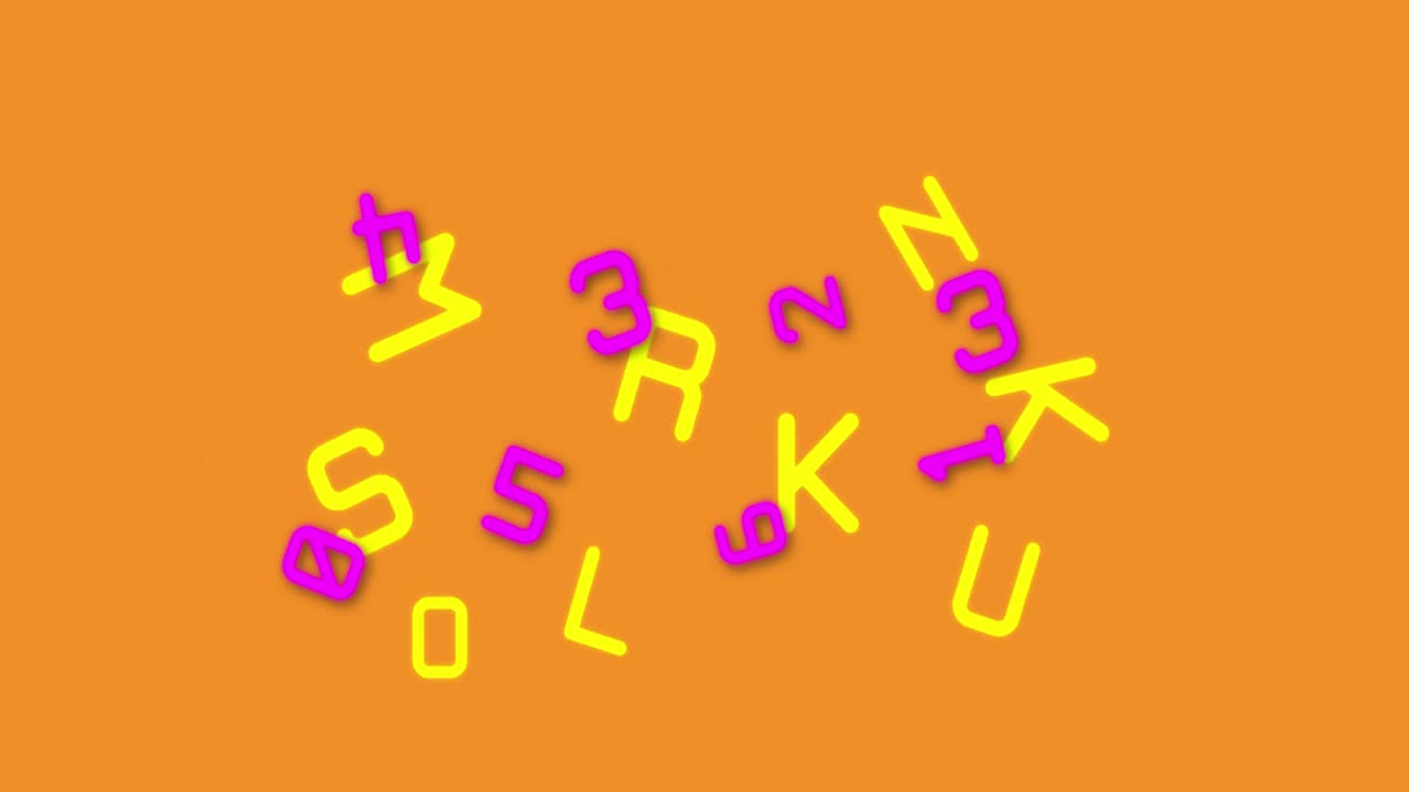 animación digital de múltiples números y alfabetos que se mueven contra un fondo amarillo