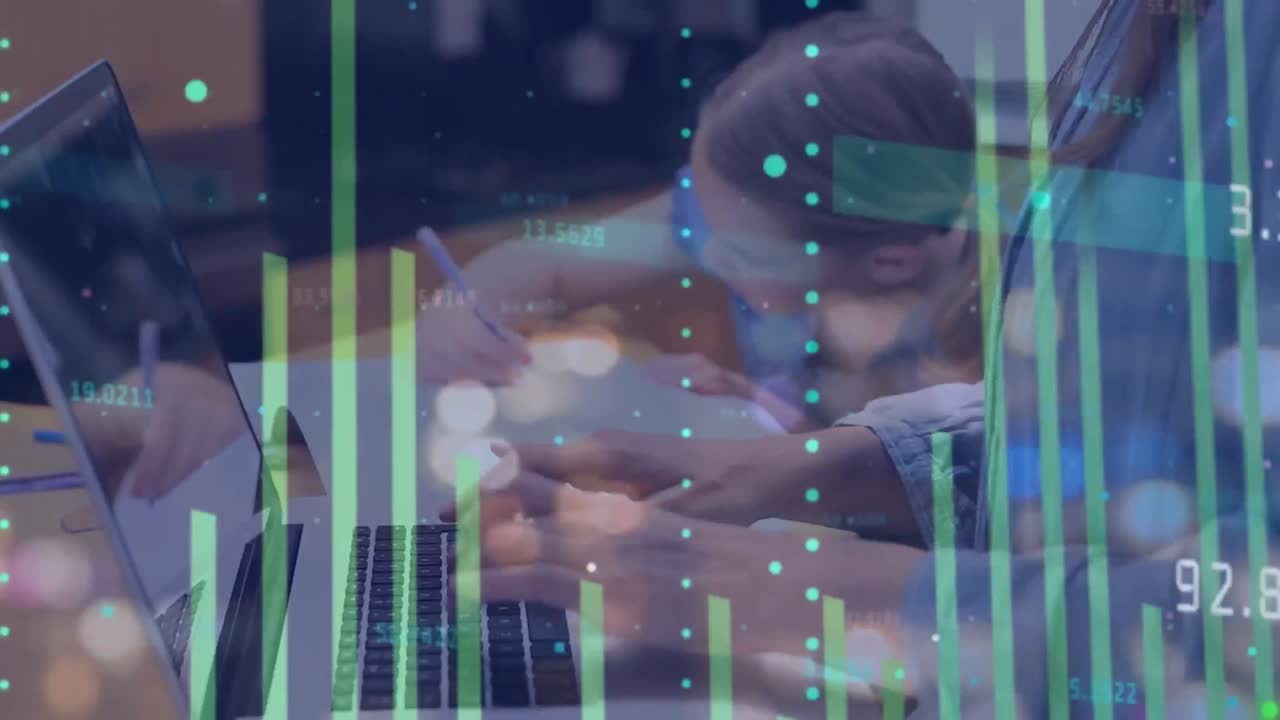 Animation of financial data processing over businesswoman using laptop