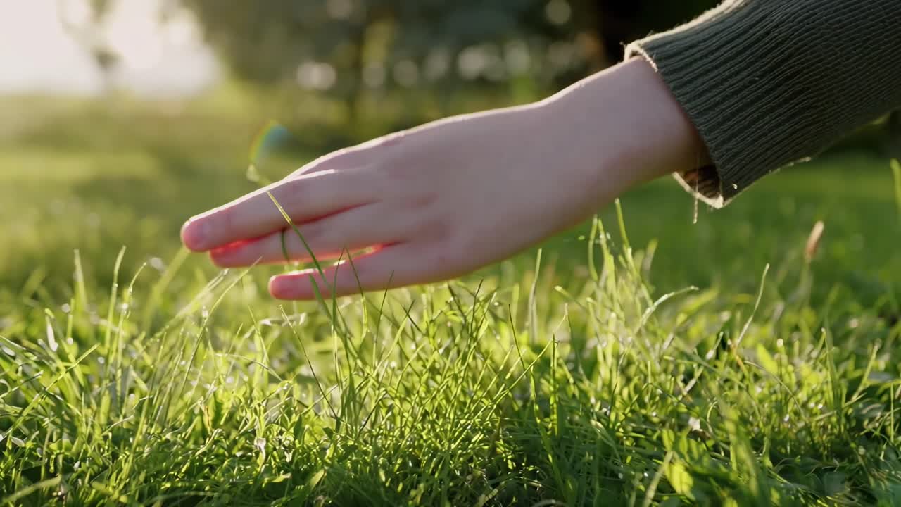 Close-up video of a hand touching grass, capturing nature's texture from a low angle