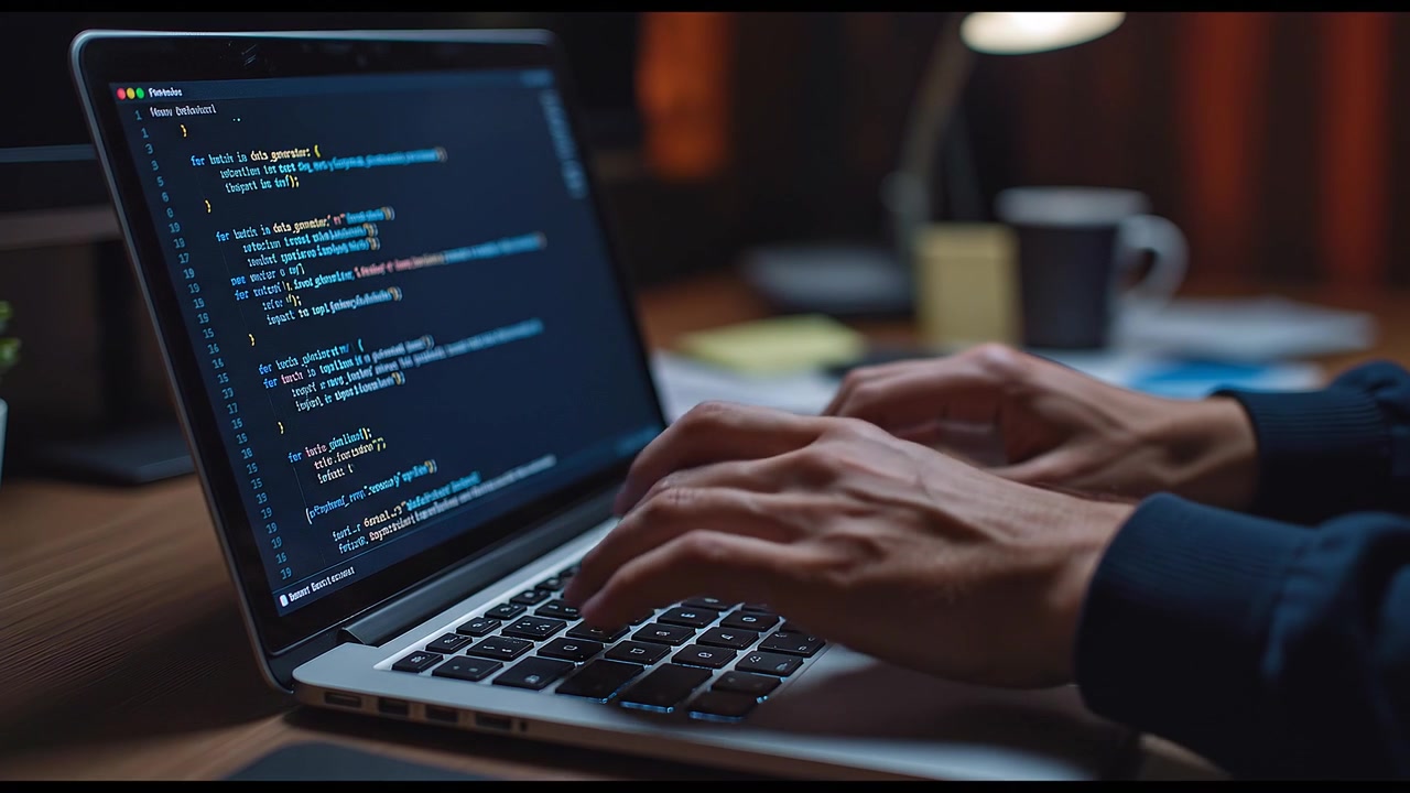 Close-up of Hands Typing Code on Laptop Keyboard at Night
