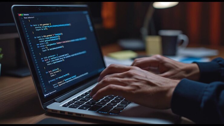 Nærbillede af hænder, der skriver kode på et bærbart tastatur om natten