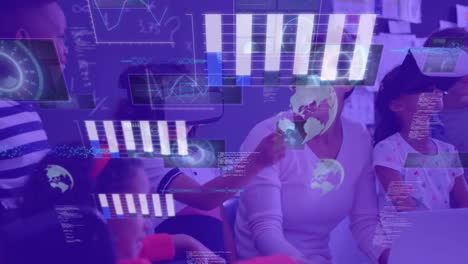 animation of graphs, computer language, diverse female teacher guiding student in using vr headsets