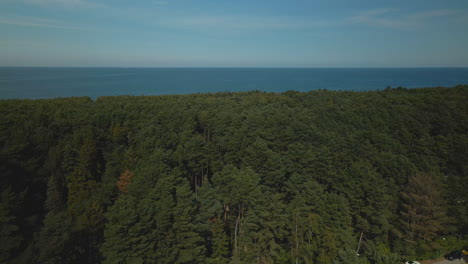 Dröhnen-Langsamer-Sanfter-Anstieg-über-Den-Schönen-Grünen-Wald-Auf-Meereshintergrund-Im-Dorf-Debki,-Ostsee,-Polen