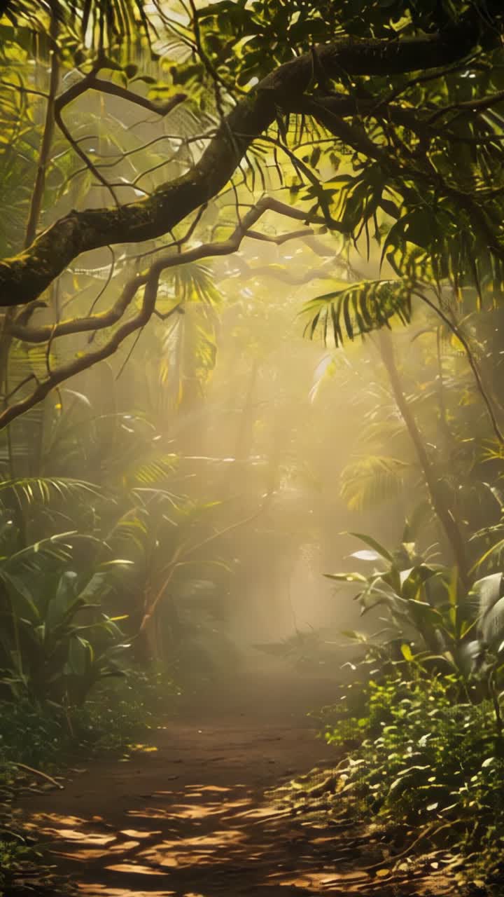 Pystysuuntainen video: Auringonvalo suodattuu viidakon lehväkatoksen läpi valaisten mutkittelevaa hiekkatietä, jossa on usvaa
