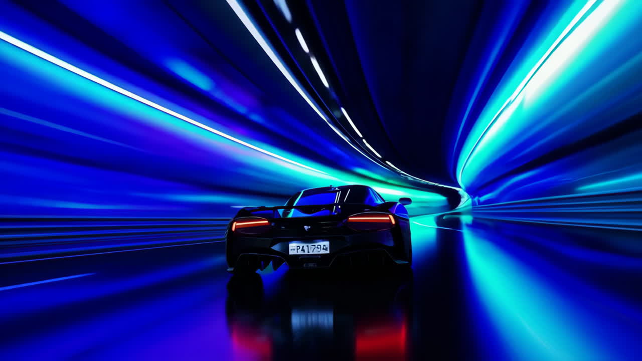 High-speed car in a neon tunnel