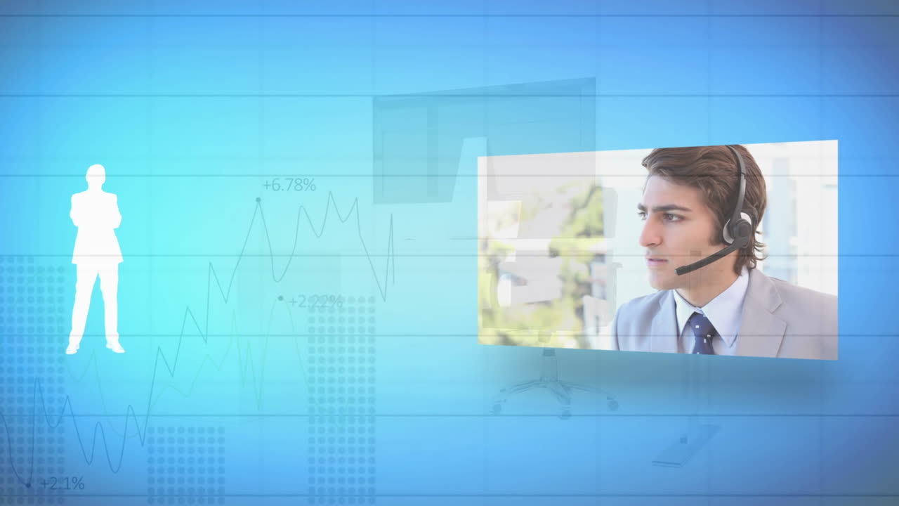 Animazione di elaborazione dati finanziari su professionisti di varie etnie che usano cuffie telefoniche