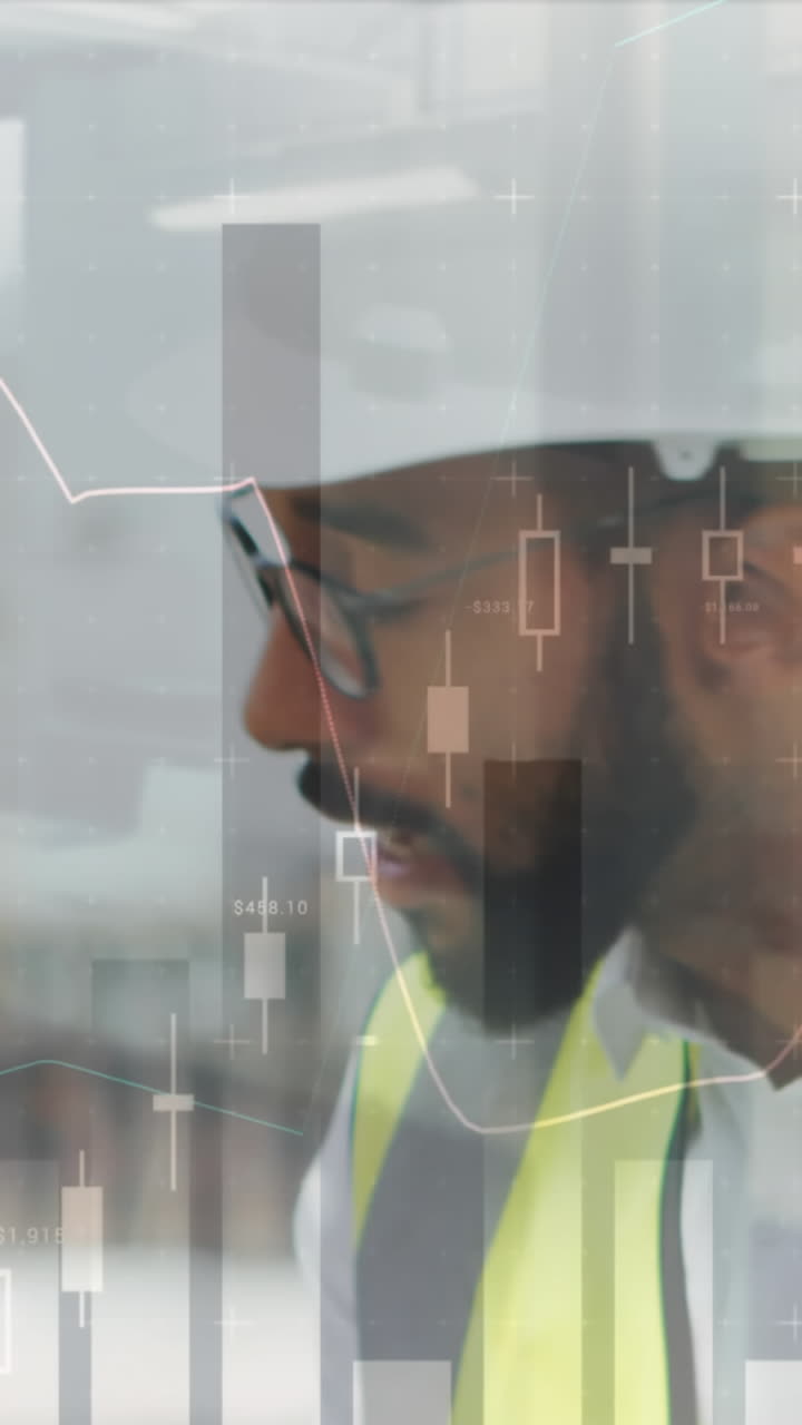 animación del procesamiento de estadísticas sobre arquitectos masculinos y femeninos hablando en el sitio de construcción