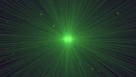 the digital artwork depicts a vibrant green light beam emitting from the center, comprised of numerous bright dots in a circular formation against a dark, starry background