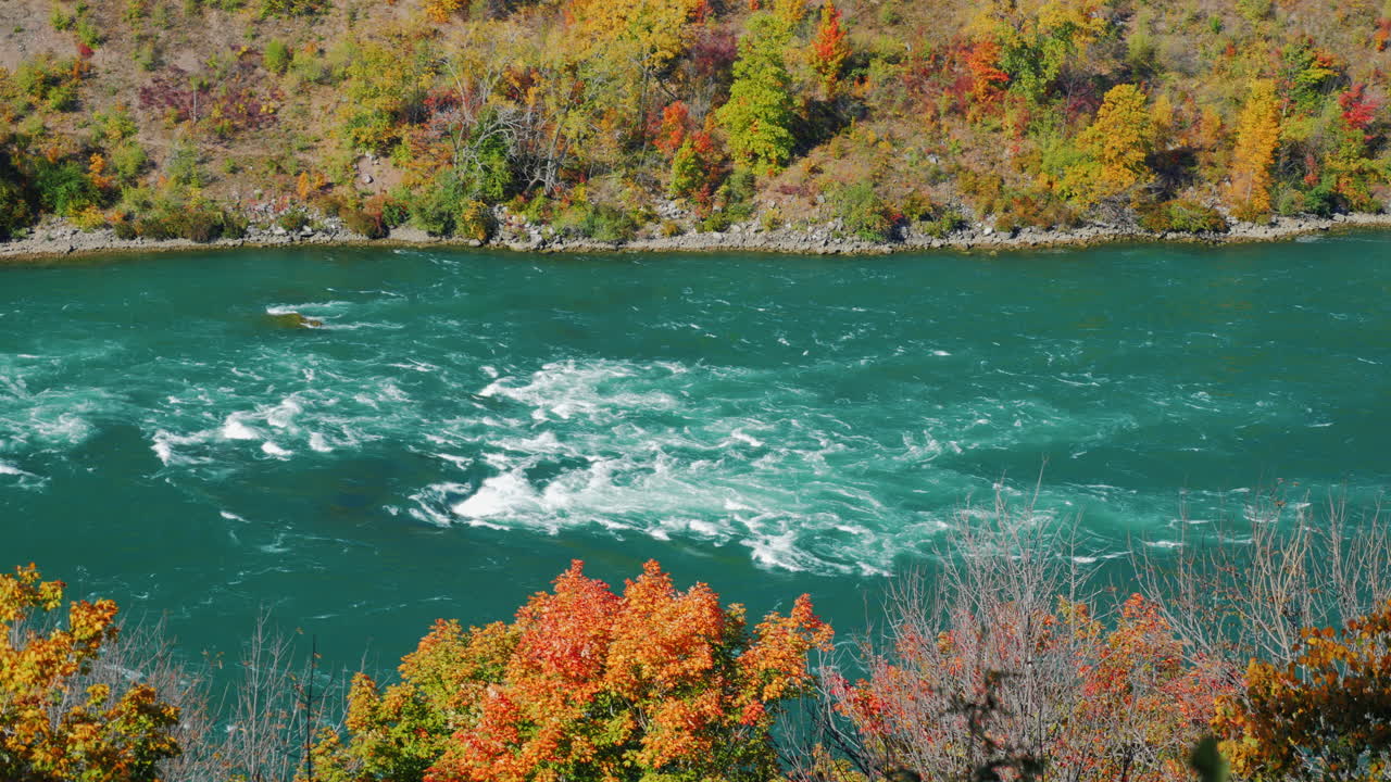 나이아가라 강은 높은 바위 해안을 따라 흐릅니다.