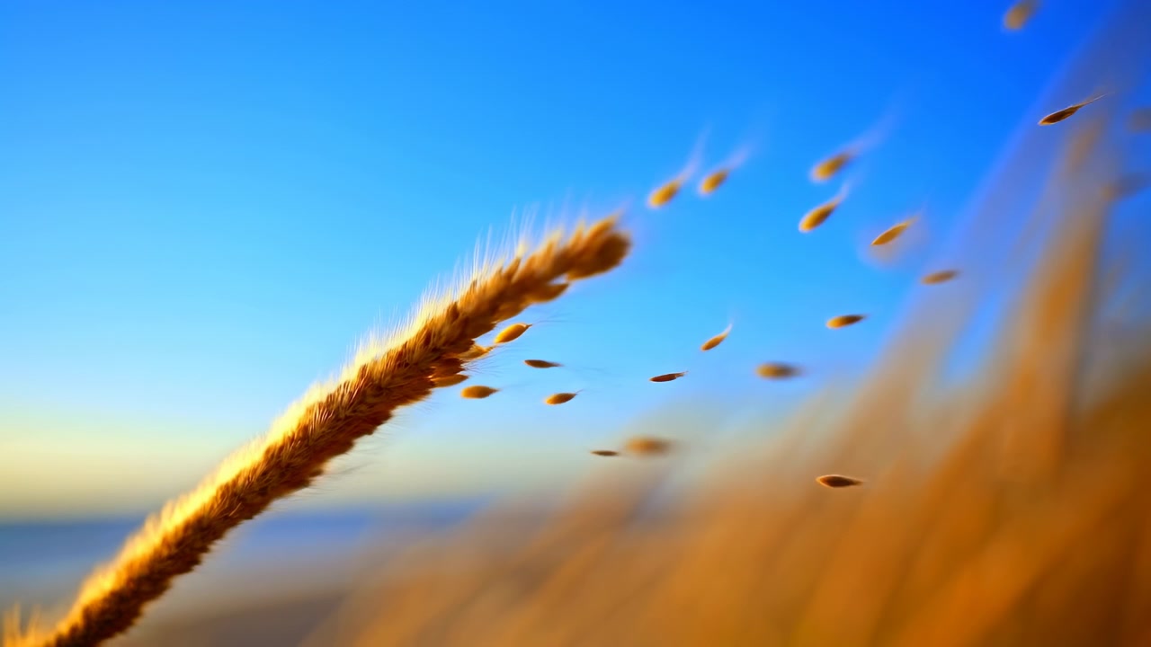 Primo piano di una singola spiga dorata in piedi in primo piano a sinistra, con un campo rurale leggermente sfocato e un cielo azzurro chiaro dietro di essa in una calda luce naturale.