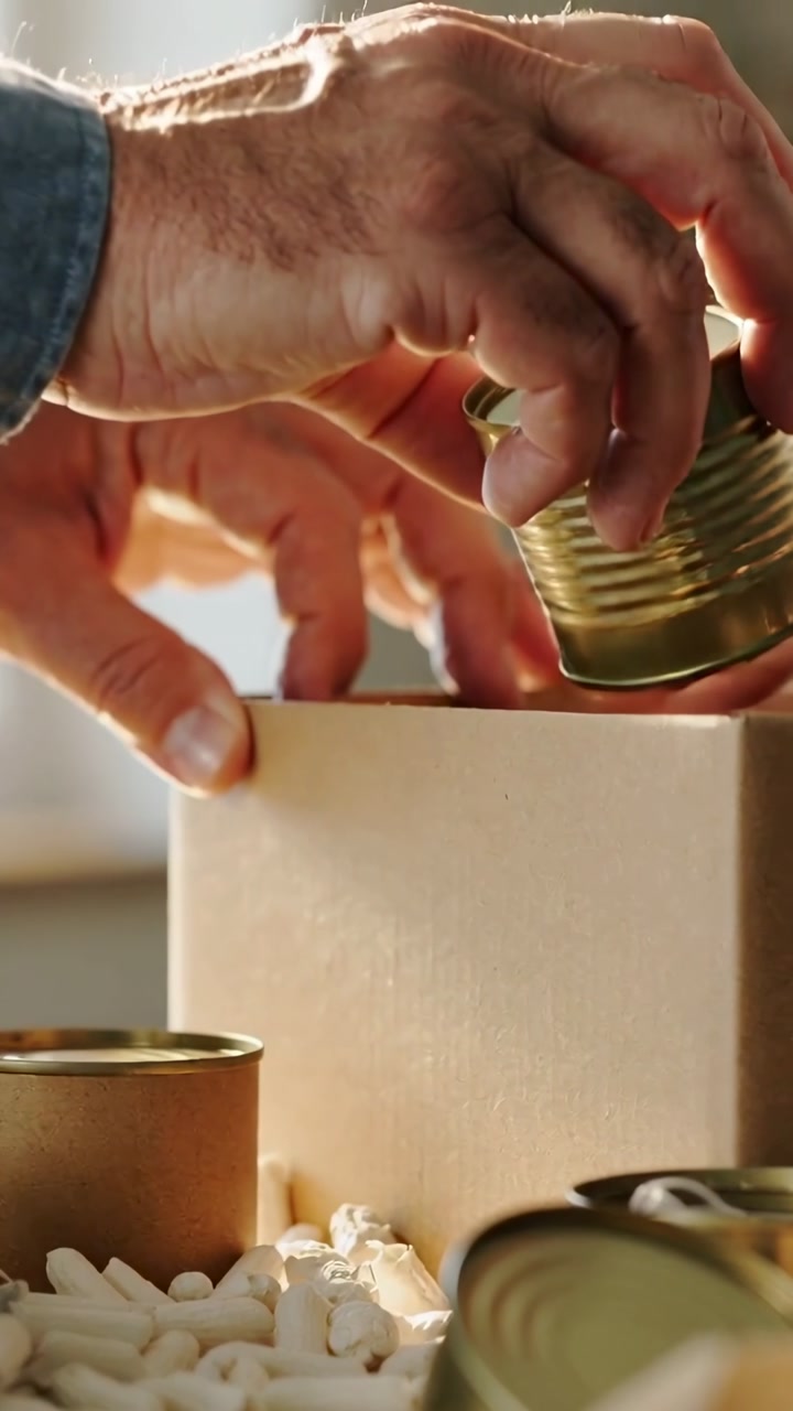 Vertical video: Reaching denim-sleeved and bare hands lifting cans into cardboard box, packing food