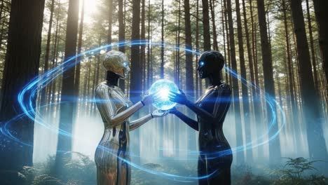 exploring the unity of technology and nature: two futuristic robots exchange a glowing orb of energy amidst an enchanted forest landscape