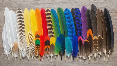 a vibrant array of colorful feathers displayed in a neat line, showcasing their unique patterns, textures, and hues on a rustic wooden surface