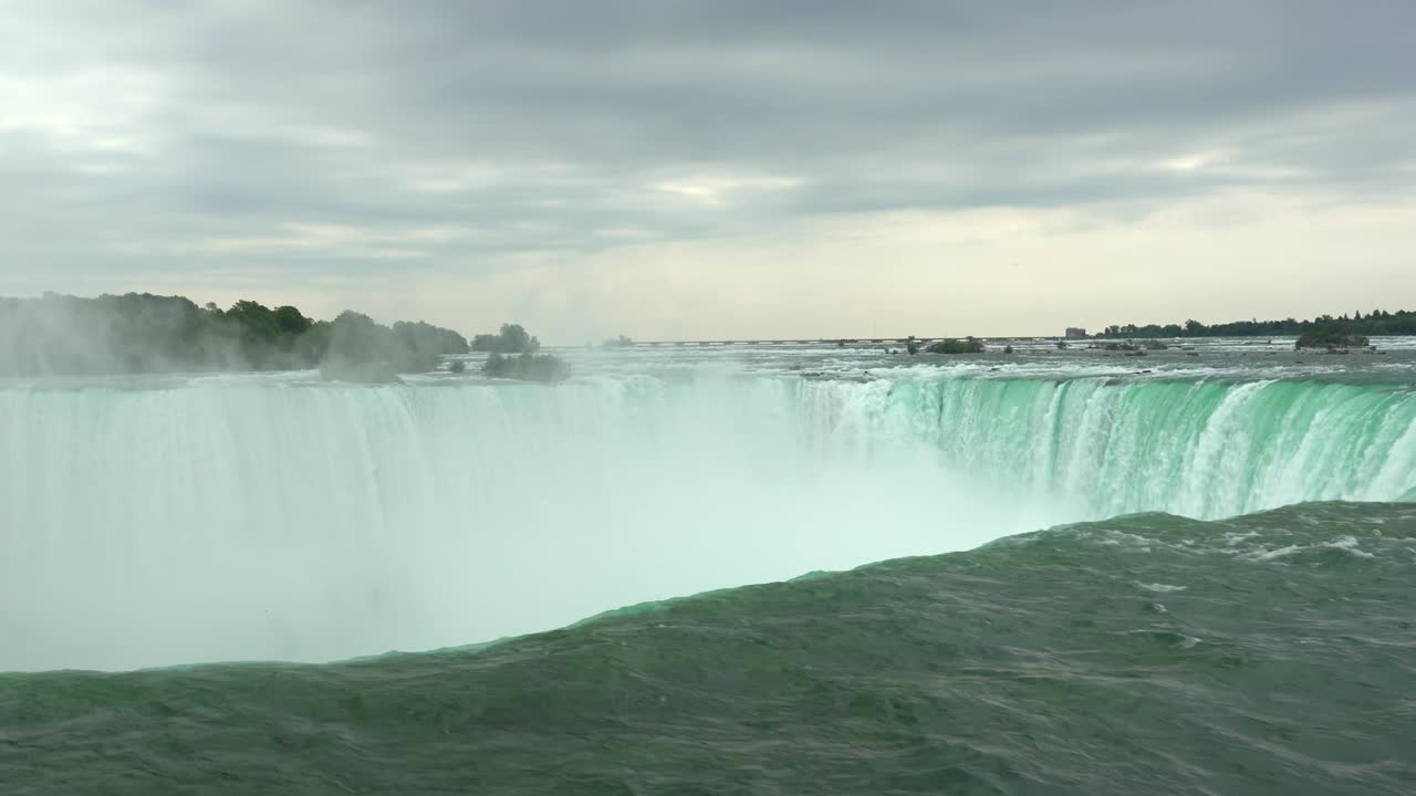 vista del paisaje de las cataratas del niágara, agua poderosa que fluye por la cascada creando vapor, en un día nublado