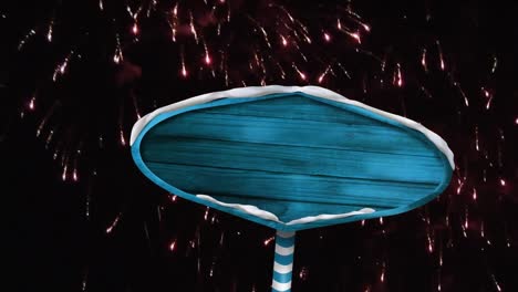 animation of blue tag over fireworks on black background