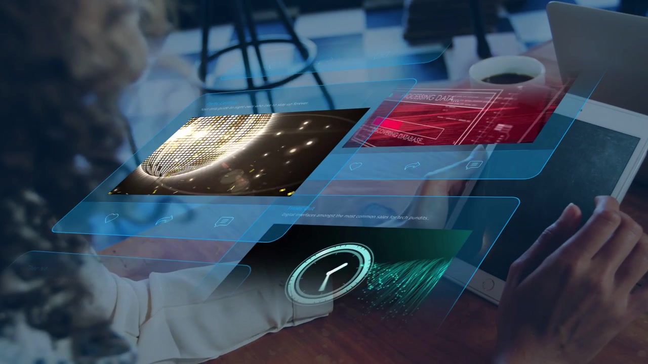 Woman tapping tablet causing floating emoji, helix, map panels shifting, reordering for tech demo