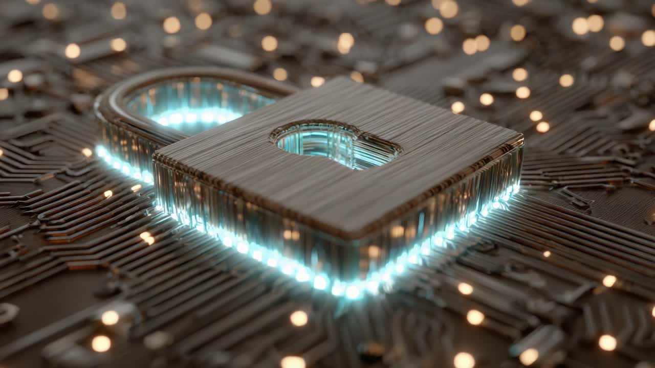 Futuristic Lock on Circuit Board Background: A Close-Up of a Stylish Security Padlock With Glowing Edges, Symbolizing Data Protection and Cybersecurity