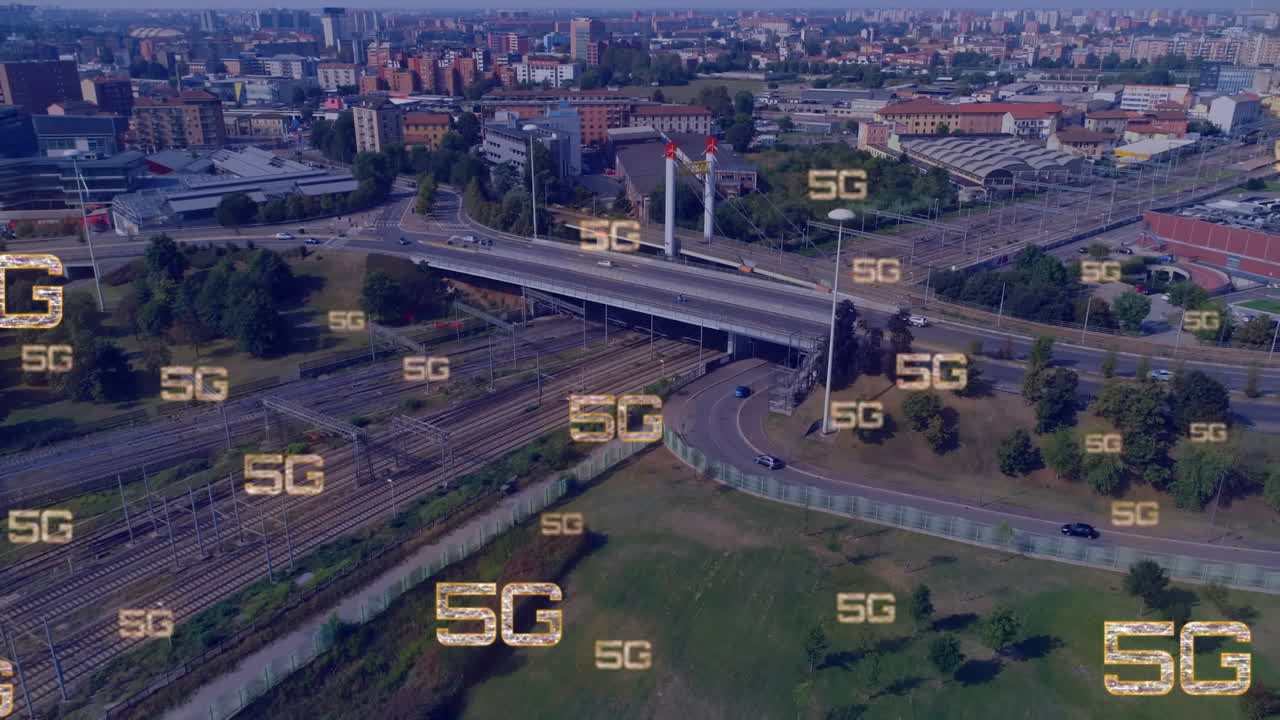 도시 풍경 위의 5g 텍스트 네트워크의 애니메이션