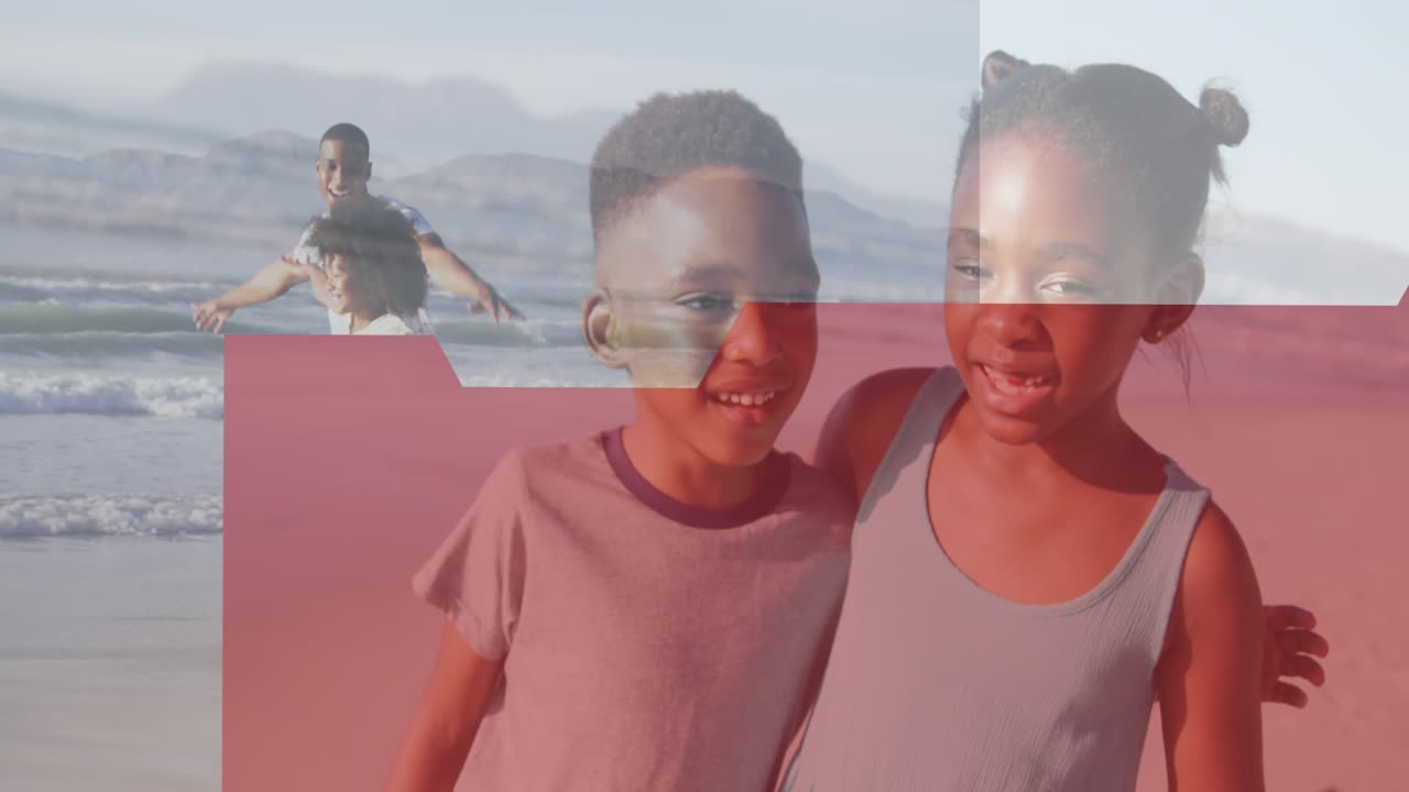Animation of shapes over african american family at beach