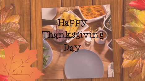 animation of happy thanksgiving day text over dinner and autumn leaves background