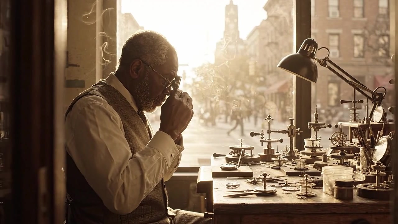 Maître horloger au travail : Un artisan qualifié fabrique des garde-temps avec précision et soin dans un atelier chaleureux et ensoleillé, imprégné du charme de l'artisanat et de l'histoire.