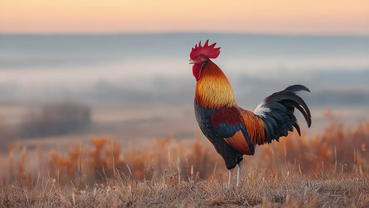 Un maestoso gallo che si erge fiero contro un'alba mozzafiato in un paesaggio nebbioso, immerso nei colori caldi dell'alba, mettendo in mostra le sue piume vivaci e il suo portamento elegante.