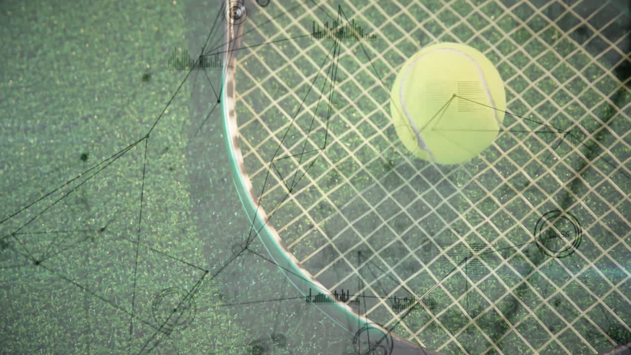 Tennis ball floating through diagonal racket strings in flat illustration, showing digital overlays