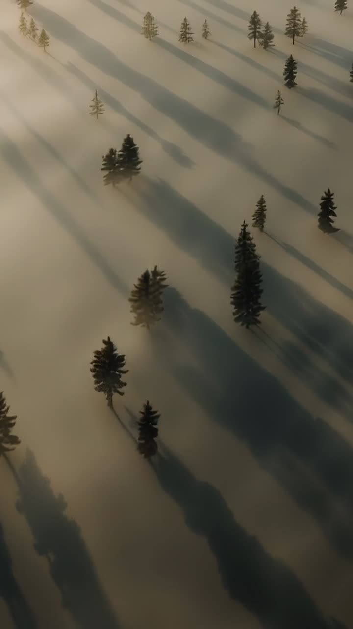 Vertical video: Starting drone sweeping snowy plain, revealing conifers casting long angled shadows