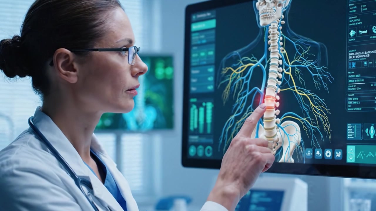 Healthcare Professional Analyzing Advanced Spine Imaging on High-Tech Monitor, Focusing on Neural Pathways and Spinal Health Examination