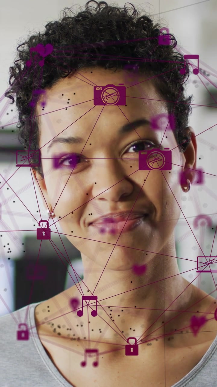 Vertical video: Woman blinking and tilting, starting magenta tech net shifting, showing engagement