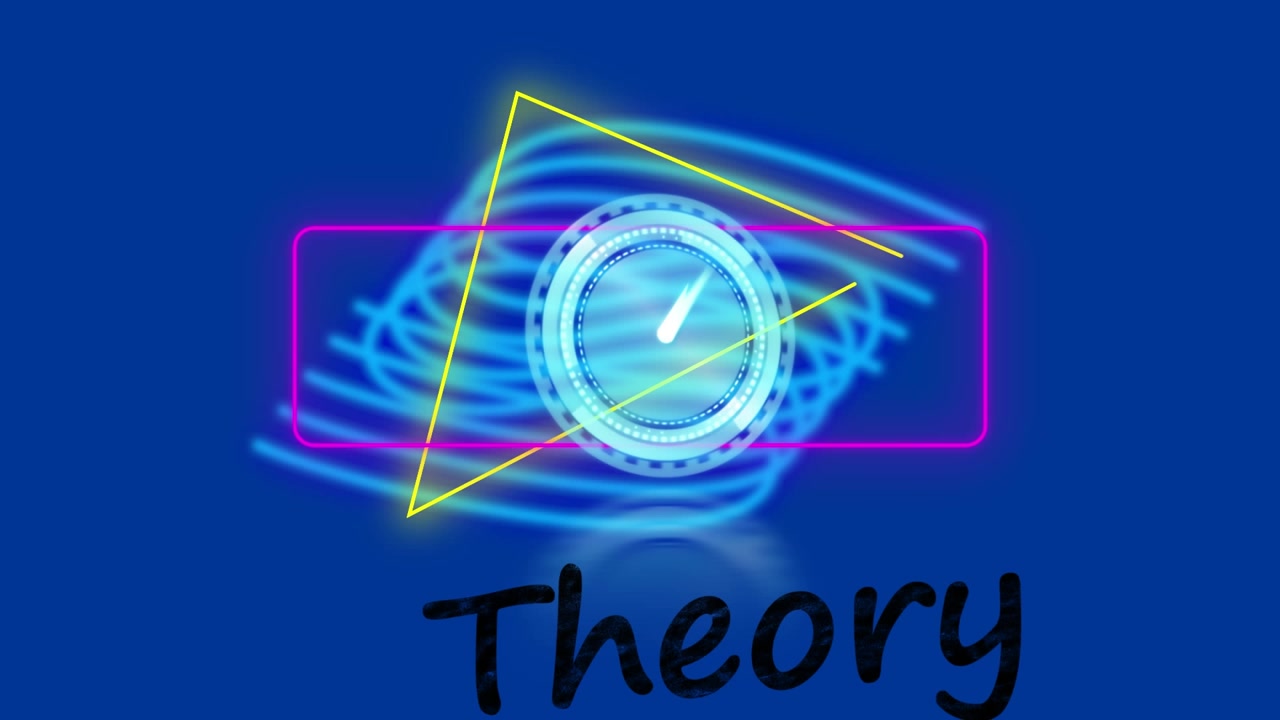 Animazione di un banner di testo sulla teoria e un orologio che ticchetta su forme al neon, su sfondo blu.