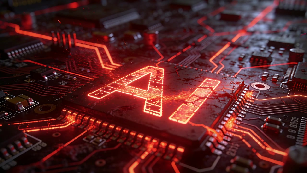 Powering AI chip pulsing red traces across PCB in macro studio shot, showing startup