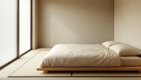 bright sunlight filtering through minimalist bedroom, highlighting wooden bed on tatami mats with soft neutral palette