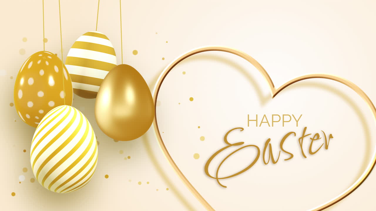 Happy Easter greeting in the shape of a heart. Golden Easter eggs with a pattern on a yellow background with shiny particles. Video motion graphic animation.
