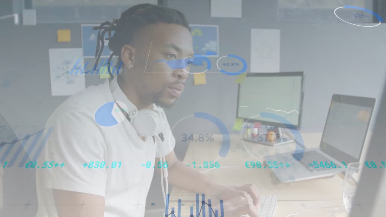 male data analyst typing on keyboard, activating floating financial charts to analyze trends