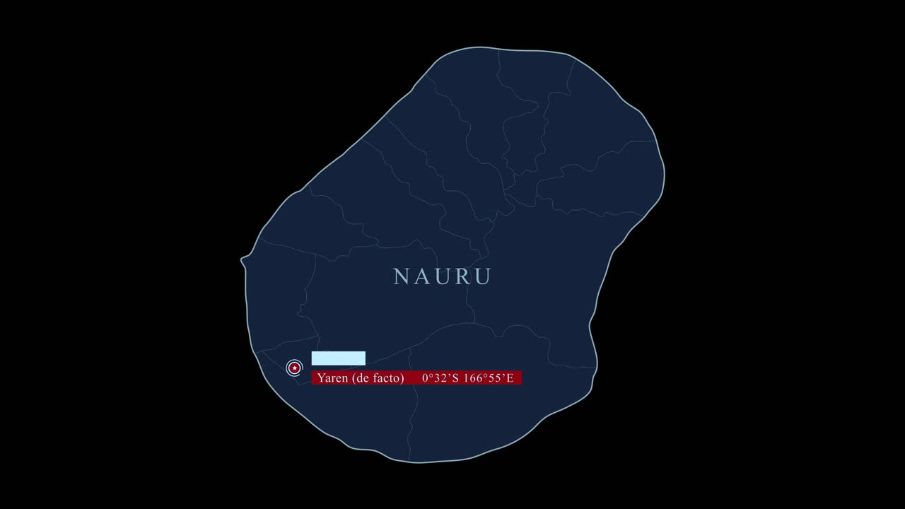 mapa estilizado en azul de nauru con la capital de yaren y las coordenadas geográficas en fondo negro