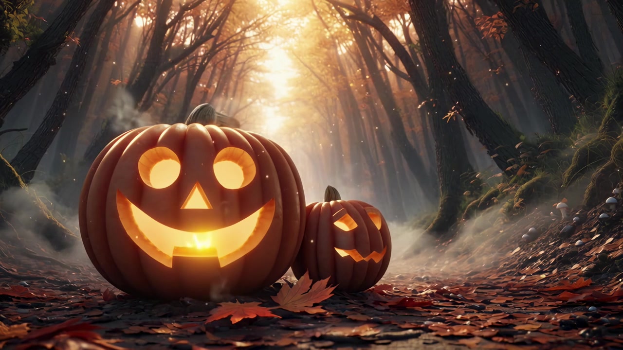 Świecące dynie Jack-o'-lantern w mglistym jesiennym lesie