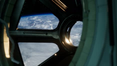 Cockpit-view-from-International-Space-Station-operating-nearby-of-planet-Earth