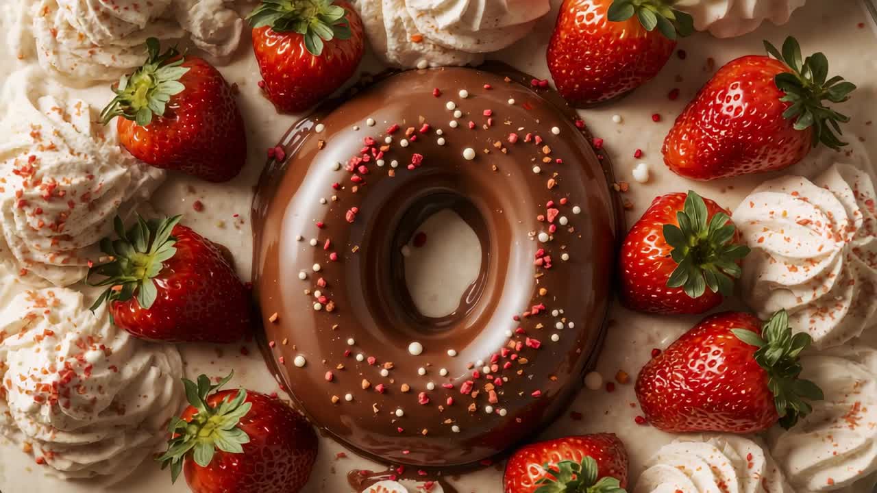 Chocolate-glazed donut sitting on light dining table with strawberries and whipped cream rosettes