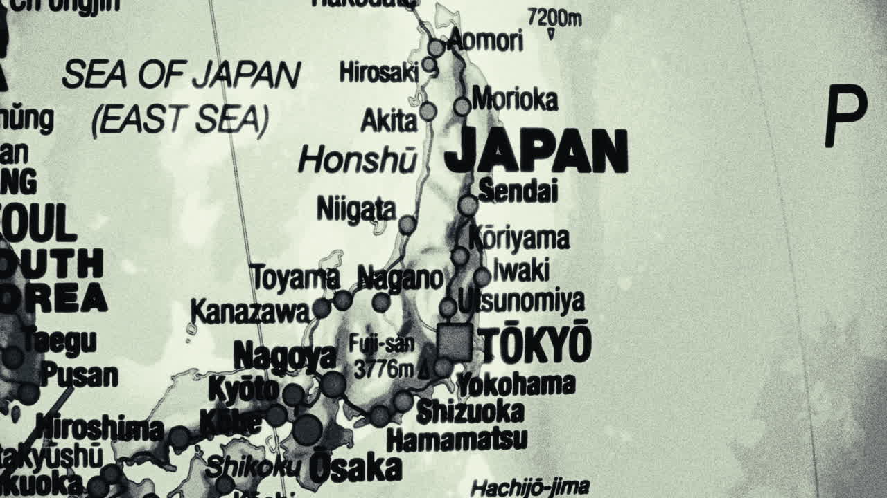 Close-up of a map of Japan in grayscale