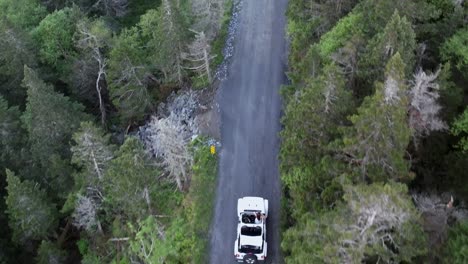 aerial drone headshot following the jeep in stowe forest road, vermont