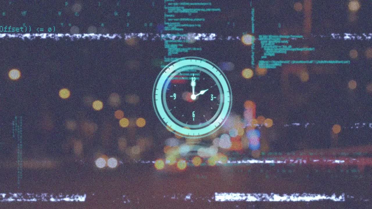 Animation of interference over clock with data processing and cityscape