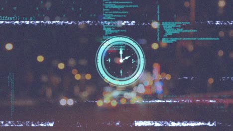 animation of interference over clock with data processing and cityscape