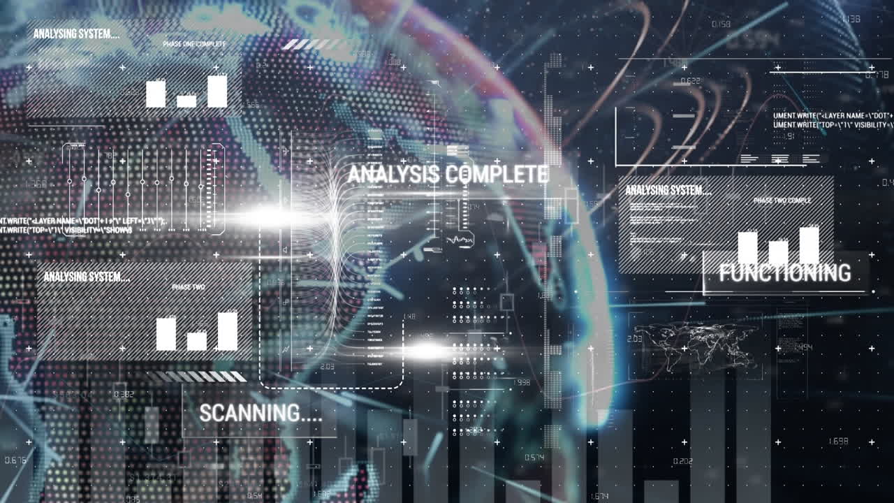 Animation of digital interface with data processing over spinning globe against blue background