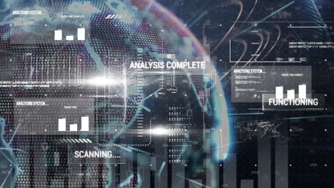 animation of digital interface with data processing over spinning globe against blue background