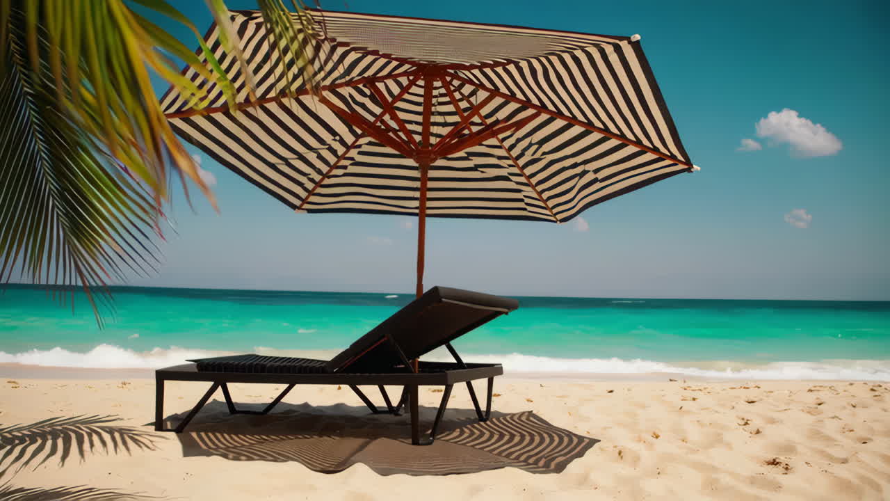 Relaxing Beach Scene with Striped Umbrella and Lounge Chair