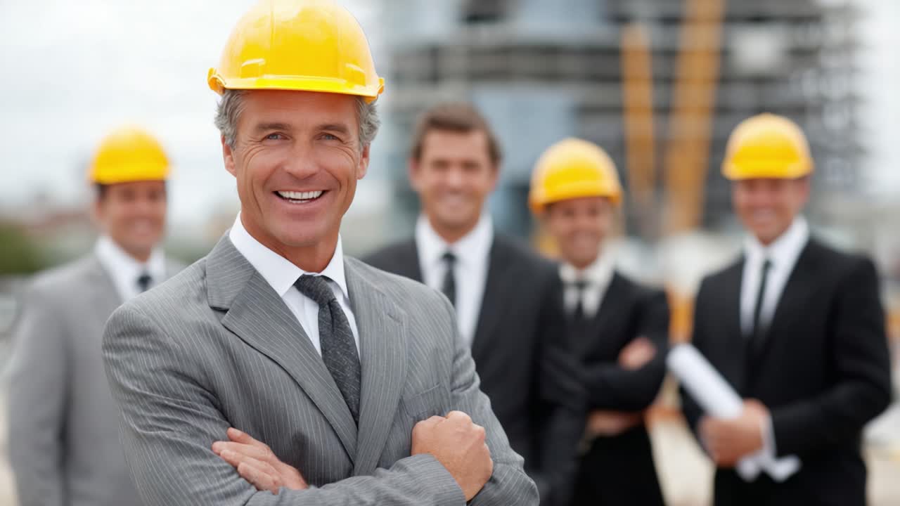 A confident construction manager leads a team of professionals on-site, showcasing leadership in a bustling construction environment with strong teamwork and dedication