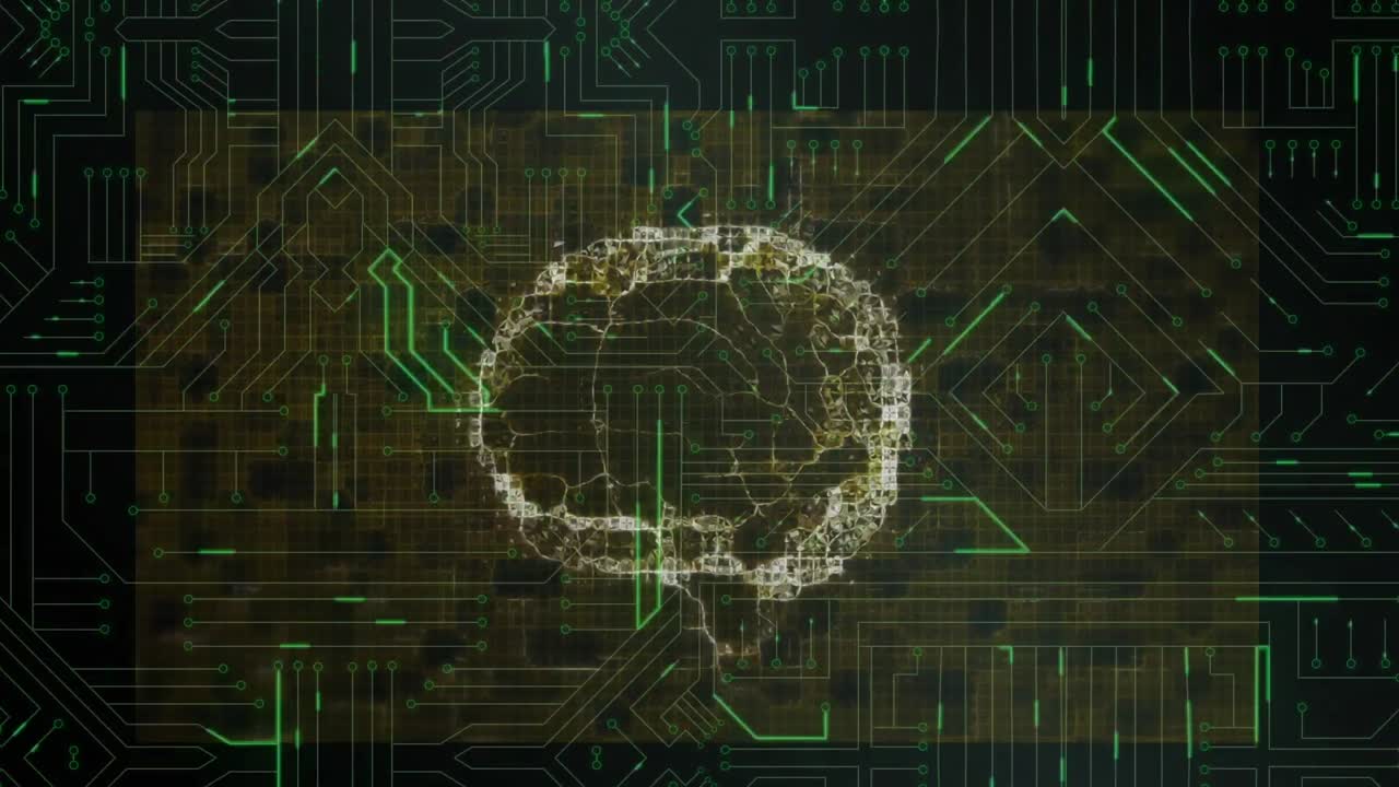 Animation of human brain and data processing on circuit board