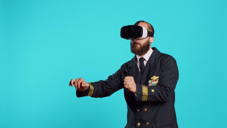 Pilota di aereo che utilizza un visore VR con visione interattiva