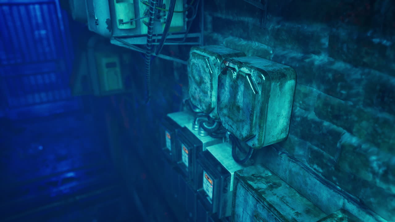 vieja caja eléctrica en una pared de ladrillo en un entorno oscuro e industrial
